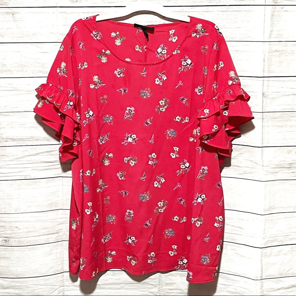 Lane Bryant Hot Pink Floral Ruffle Sleeve Blouse